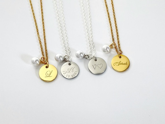 Bridesmaid Gift Initial & Date Necklace Engraved Disc Wedding Necklace Flower Girl Gift Personalized Necklace Sister Necklace Mother Gift