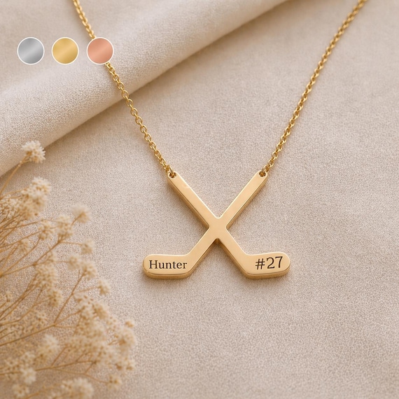 Personalized Hockey Stick Necklace Custom Name Number Engraved Stainless Steel Sports Jewelry Gift Hockey Player Mom Gift Christmas Gift