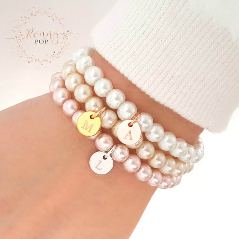 Personalized Initial Pearl Bracelet Flower Girl Gift Glacier Blue Glass Pearl Custom Jewelry Bridesmaid Gift Mother Daughter Jewelry-B09