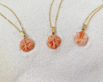 Vintage 1970s Carved Hibiscus Flower Pendants / Rare Angel Skin Coral / Precious Gem of Peace, Transformation & Protection / New 17.5” Chain