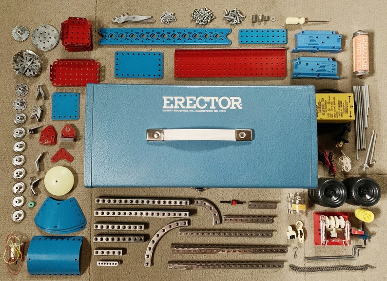 197175 Mark 60 Erector Set Original Blue Metal Toolbox Original Manuals Over 325 Pieces from Two Combined Sets Collector Item