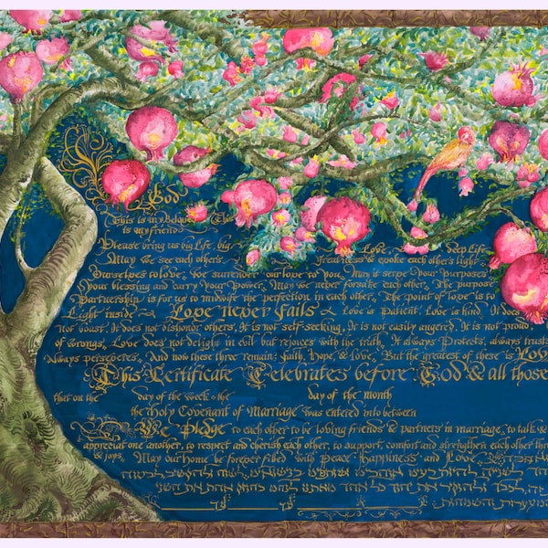 Fruits of Life-Pomegranate and Birds- Marriage Vows Calligraphy - English, Hebrew, Multicultural- Non-denominational Wedding Vows