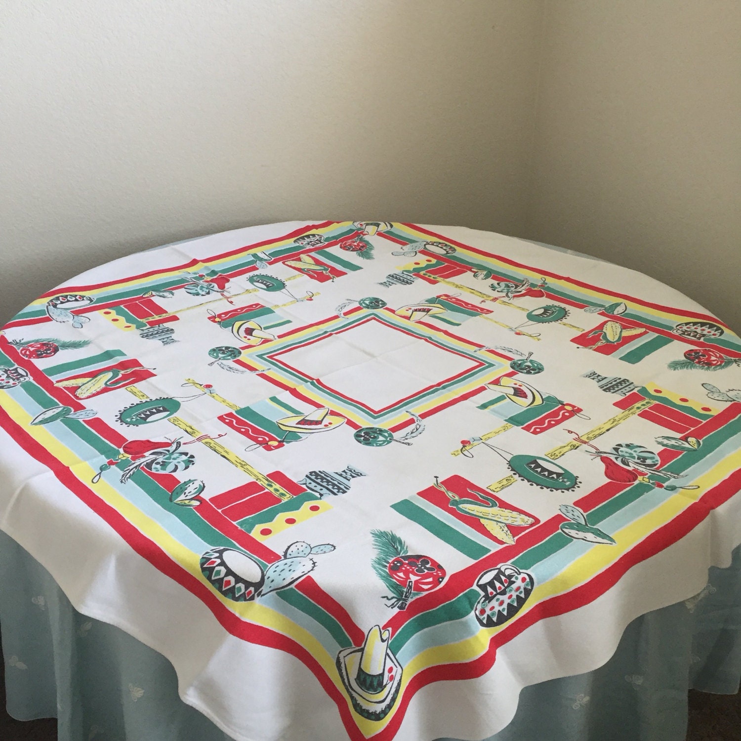 Vintage Tablecloth Mexican Theme 50 inch square