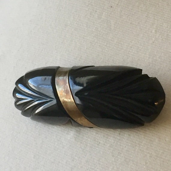 Bakelite Brooch Black Carved As Is