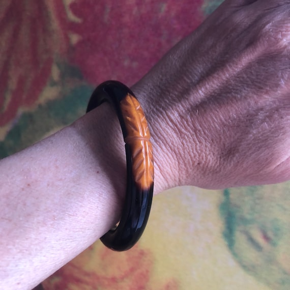 Bakelite Bangle Carved Brown Yellow - image 1