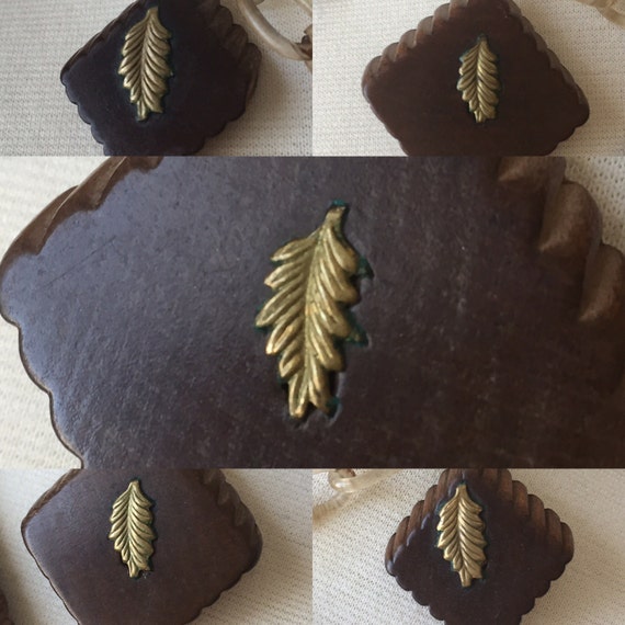 Wood Celluloid Necklace with Metal leaves - image 2