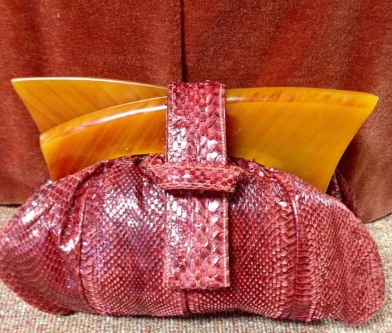 Red Snakeskin Bag Bakelite/Lucite Clasp