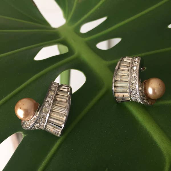 Kramer Clip On Earrings Rhinestone and Faux Pearls designed and stamped by Kramer New York Mid Century As Is