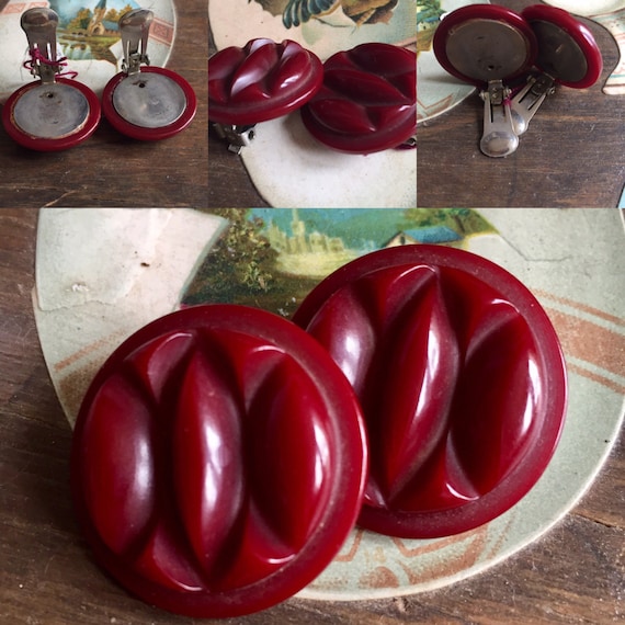 Bakelite Earrings Clip on Burgundy reddish plum c… - image 1