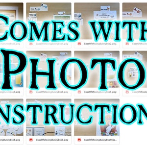 May include: A collage of images showing the contents of a "Case of Missing Bunny" game. The images show various game pieces, including a map, a maze, and a book. The text "COMES WITH PHOTO INSTRUCTIONS" is superimposed over the images.