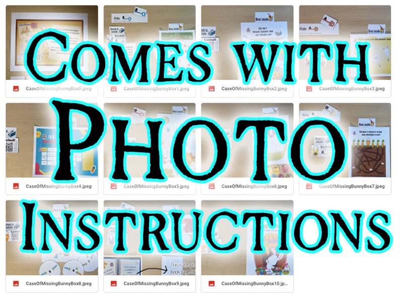 May include: A collage of images showing the contents of a "Case of Missing Bunny" game. The images show various game pieces, including a map, a maze, and a book. The text "COMES WITH PHOTO INSTRUCTIONS" is superimposed over the images.