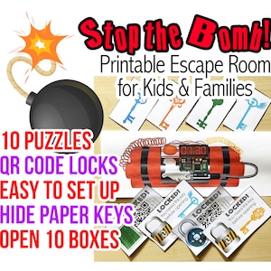 Escape Room for Kids | Stop the Bomb | Printable Escape Room, QR Code Locks, easy set up, Escape room to print at home, birthday party game
