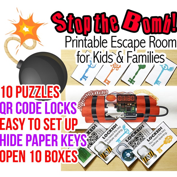 Escape Room for Kids | Stop the Bomb | Printable Escape Room, QR Code Locks, easy set up, Escape room to print at home, birthday party game