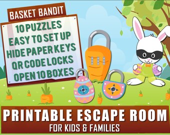 May include: Printable escape room game for kids and families featuring a cartoon bunny wearing a mask and holding Easter eggs. The game includes 10 puzzles, paper keys, QR code locks, and 10 boxes to open.  The text "BASKET BANDIT" is at the top of the image.