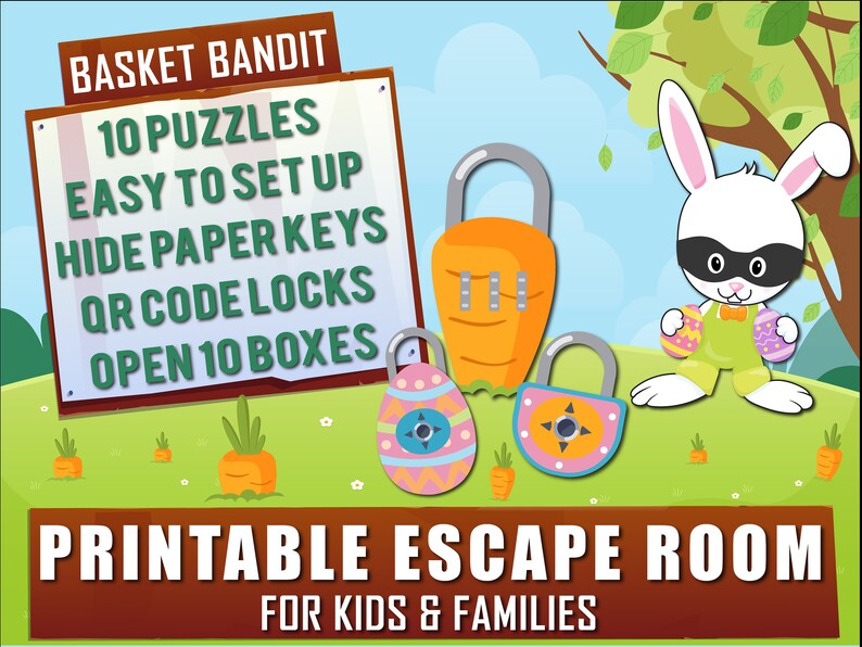 May include: Printable escape room game for kids and families featuring a cartoon bunny wearing a mask and holding Easter eggs. The game includes 10 puzzles, paper keys, QR code locks, and 10 boxes to open.  The text "BASKET BANDIT" is at the top of the image.