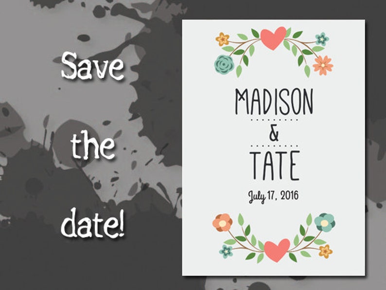 Wedding Save The Date Printable PDF Heart and Flowers Getting Married
