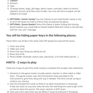May include: A printable escape room game instructions sheet with a list of items needed to set up the game, including a printer, pencil, scissors, tape, and boxes. The instructions also include a list of places to hide paper keys and two ways to play the game.