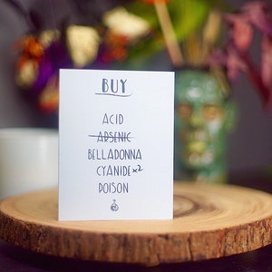 Shopping liste carte de vœux, Goth, la famille Addams, cartes de correspondance, cartes de voeux, effronté, vide à l’intérieur, noir ou blanc enveloppe, Halloween