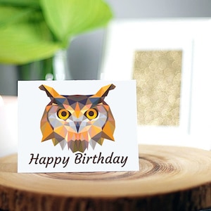 Carte de joyeux anniversaire de hibou, fait main, blanc à l'intérieur, enveloppe noire ou blanche, Polygone