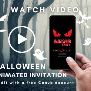 Animated Halloween Party Invitation, Digital Halloween invitation to text or email, Spooky Eyes Invitation Card, Edit in Canva Template image 1