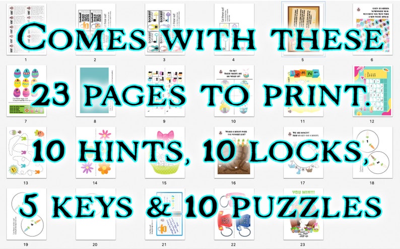 May include: A printable Easter egg hunt activity set with 23 pages, 10 hints, 10 locks, 5 keys, and 10 puzzles. The pages feature colorful illustrations of Easter eggs, bunnies, and other spring-themed imagery.