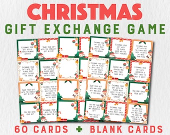May include: A Christmas Gift Exchange Game set with 60 cards and blank cards. The cards have festive designs with a green border and red accents. Each card features a unique gift exchange prompt, such as "Swap your gift with the player wearing glasses."