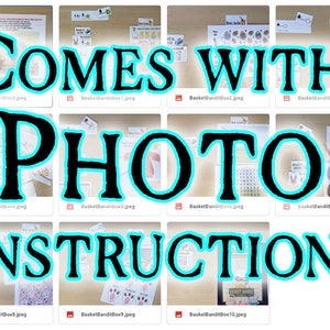 May include: A collage of images showing the contents of a printable Easter basket activity. The images include a printable instruction sheet, a printable game board, and printable stickers. The text "COMES WITH PHOTO INSTRUCTIONS" is superimposed over the images.