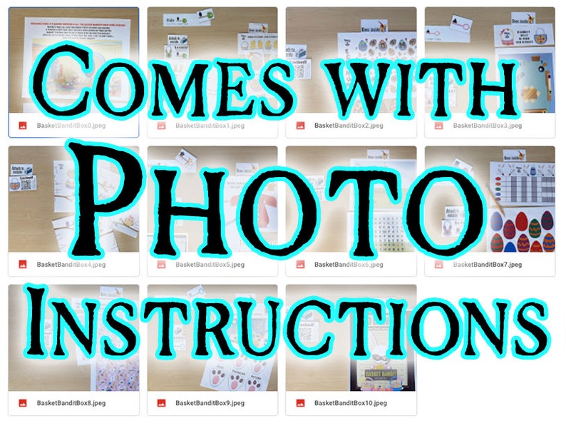 May include: A collage of images showing the contents of a printable Easter basket activity. The images include a printable instruction sheet, a printable game board, and printable stickers. The text "COMES WITH PHOTO INSTRUCTIONS" is superimposed over the images.