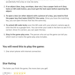 May include: A set of rules for a home escape game called "Basket Bandit". The rules include searching for keys and clues, opening locks, and using a QR code scanner. The game includes a star rating system based on completion time.
