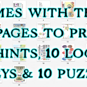 May include: A printable Easter egg hunt game with 21 pages, 10 hints, 10 locks, 5 keys, and 10 puzzles. The game includes a variety of colorful images, including eggs, bunnies, and other Easter-themed items.