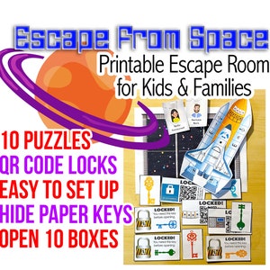 Escape Room for Kids | Escape from Space | Printable Escape Room, QR Code Locks, easy set up, Escape room to print at home, space theme