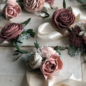 Blushing Rose Wood Flower Corsage Wooden Flowers Wedding Collection Sola Flower Made to Order Match your bouquet image 3