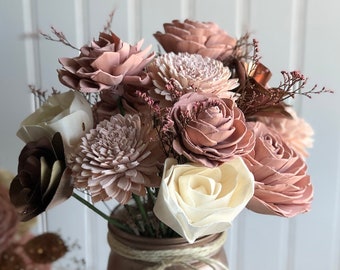 Rose Gold and Blush Wooden Flower Arrangement - Farmhouse Flourish Collection - Rustic Decor -  Valentines - Forever Flowers - For Her