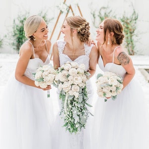 White Sola Wood Flower Bouquet With Greenery and Pearls - Wedding Bouquet - Faux Flower Bouquet - White wedding bouquet - Sola Flowers