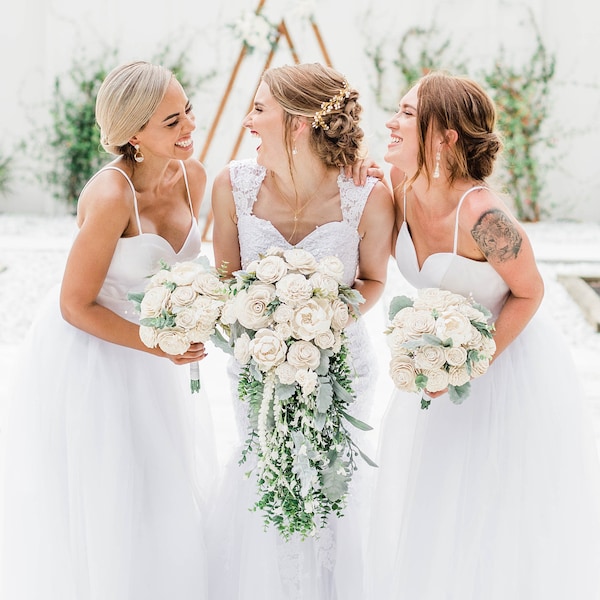 White Sola Wood Flower Bouquet With Greenery and Pearls - Wedding Bouquet - Faux Flower Bouquet - White wedding bouquet - Sola Flowers