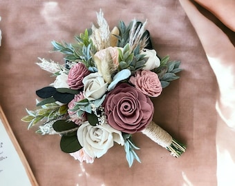 Dusty Rose and Pampas Grass Wedding Bouquet  - Blush, Ivory and Pink - Wood Flowers - Sola Wood Flowers - Boho Cascading Bouquet