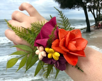 Bright, Tropical Flower Wrist Corsage - Wooden Flowers - Wedding Collection - Sola Flower -  Made to Order - Match your bouquet