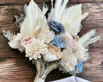 Dusty Blue, Blush and White Boho Wedding Bouquet - Pampas Grass Bouquet - Neutral Tones Wedding Bouquet - Sola Wood Flowers