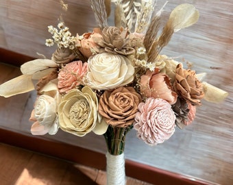 Neutral Blush and Champange Boho Wedding Bouquet - Pampas Grass Bouquet - Neutral Tones Wedding Bouquet - Sola Wood Flowers