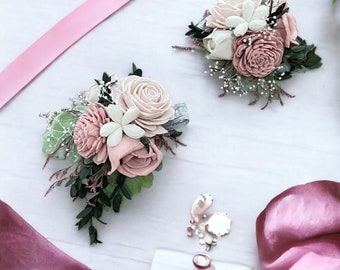 Blushing Rose Wood Flower Corsage - Wooden Flowers - Wedding Collection - Sola Flower -  Made to Order - Match your bouquet