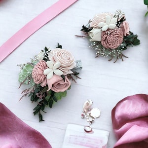 Blushing Rose Wood Flower Corsage Wooden Flowers Wedding Collection Sola Flower Made to Order Match your bouquet image 1