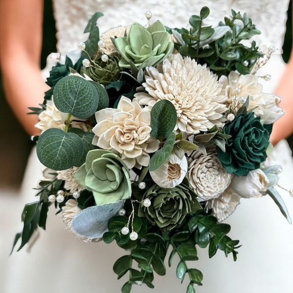 Emerald and Gold Wedding Bouquet - Elegant Bouquet - White and Gold - Summer Wedding - Green Faux Silk Flowers - Sola Wood Flowers