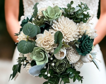 Emerald and Gold Wedding Bouquet - Elegant Bouquet - White and Gold - Summer Wedding - Green Faux Silk Flowers - Sola Wood Flowers