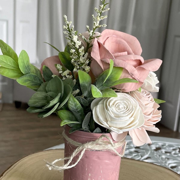 READY TO SHIP - Pink Pixie Mini Jar Wood Flower Arrangement - Sola Wood Flower Arrangement - Birthday Gift - Wedding Centerpiece - 8oz