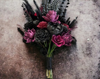 Moody Gothic Black, Wine and Purple Wedding Bouquet - Dark Bouquet - Romantic - Faux Flowers - Sola Wood Flowers