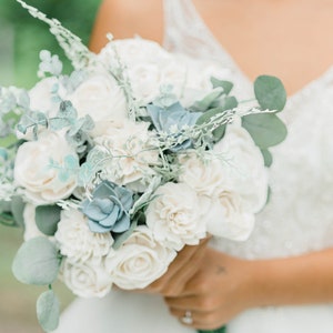 White & Dusty Blue - Wooden Flowers -  Sola Flower Bouquet - Wedding Bouquet - Dusty Blue Succulents - Faux Flower Bouquet