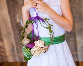 Garden Flower Girl Carrying Wreath  - Wooden Flowers - Garden Woodland Wedding Collection - Natural - Made to Order