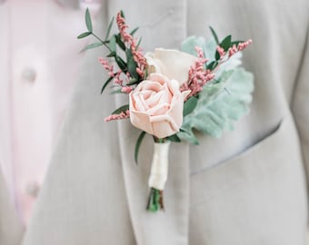 Blushing Rose Boutonniere - Wooden Flowers - Lush - Pink and Blush - Made to Order