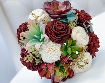 The Secret Garden - Red Burgundy - Allure Collection - Wood Flowers - Sola Flowers -  Wedding Bouquet - Faux Succulent - Faux Flower Bouquet