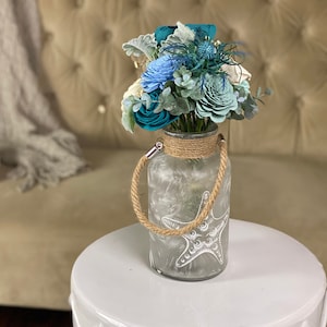 READY TO SHIP - Seaglass Bottle - White - Sola Flower Arrangement - Sola Wood - Starfish Birthday Gift - Teal Blue Wedding Centerpiece Wg
